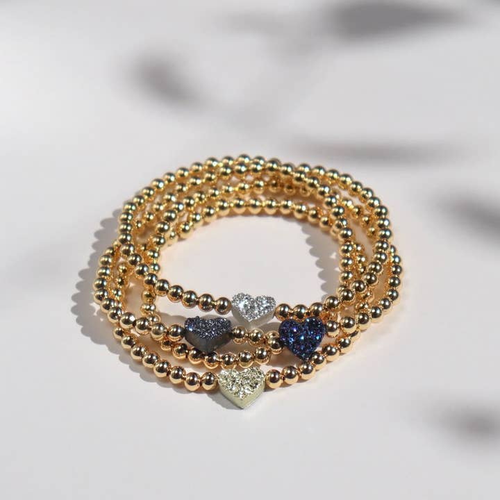 Kaylie Dawn Jewelry - Wholesale Beaded Bracelet - Druzy Heart Handmade Stretchy Gold Beaded Bracelet, 4 Colors8