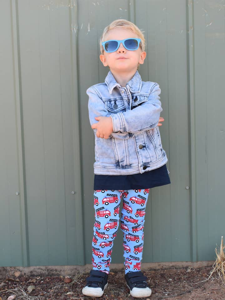 Kids Leggings - Blue Fire Trucks for wholesale by Frog & Molly