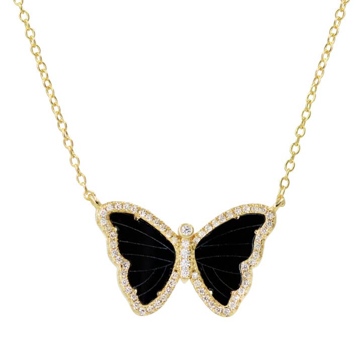 Black Onyx Butterfly Necklace With Crystals for wholesale by Kamaria Jewelry