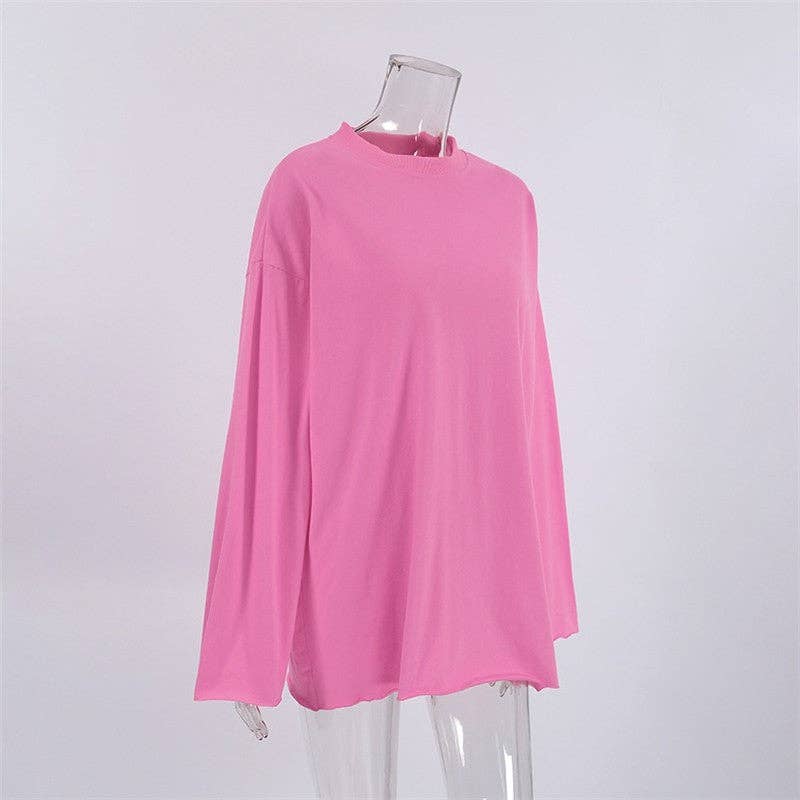 CANDY PINK Solid Color Loose Round Neck Long Sleeve Tshirt for wholesale on Faire6