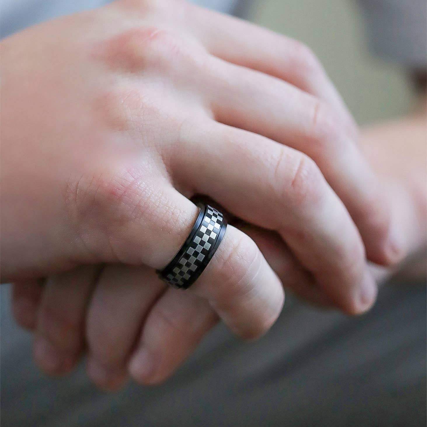 WJW - Wholesale Band/Stacked Ring - Black Checker Stainless Steel Spinner Ring11