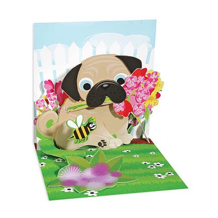 Pug Bouquet Mini Pop-Up Card for wholesale by Up With Paper