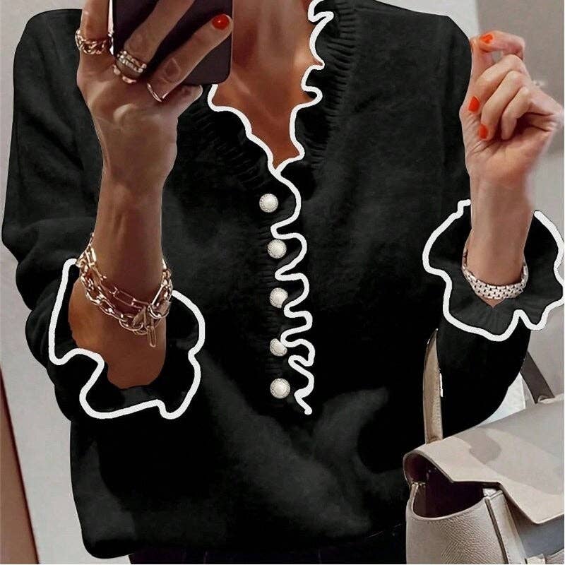 Sheer Trend - Wholesale Knit Sweater - Women's - V-Neck Color-Blocked Sweater With Long Sleeves0