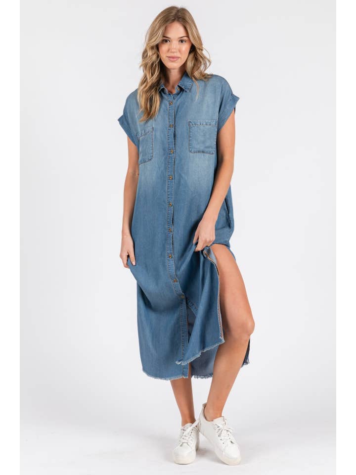 ZiA Apparel - Wholesale Dress - Women's - Short Sleeve Maxi Denim Dress- Denim