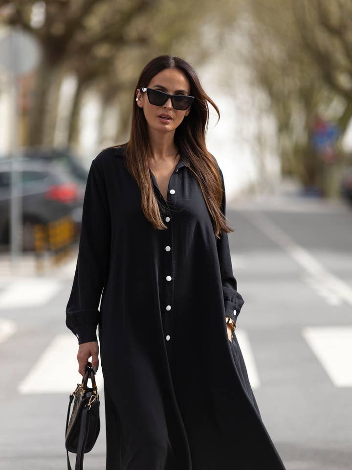 Vestido largo camisero negro para venta al por mayor de BOHOME