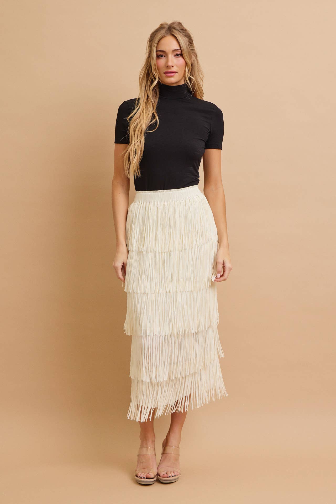 Ivory Tiered Fringe Skirt With Elastic Waist for wholesale on Faire2
