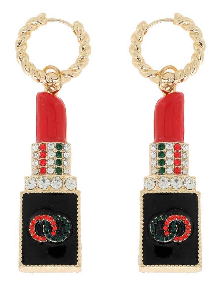 Fashionista Crystal Lipstick Charm Hoop Earrings for wholesale by SP Sophia Collection