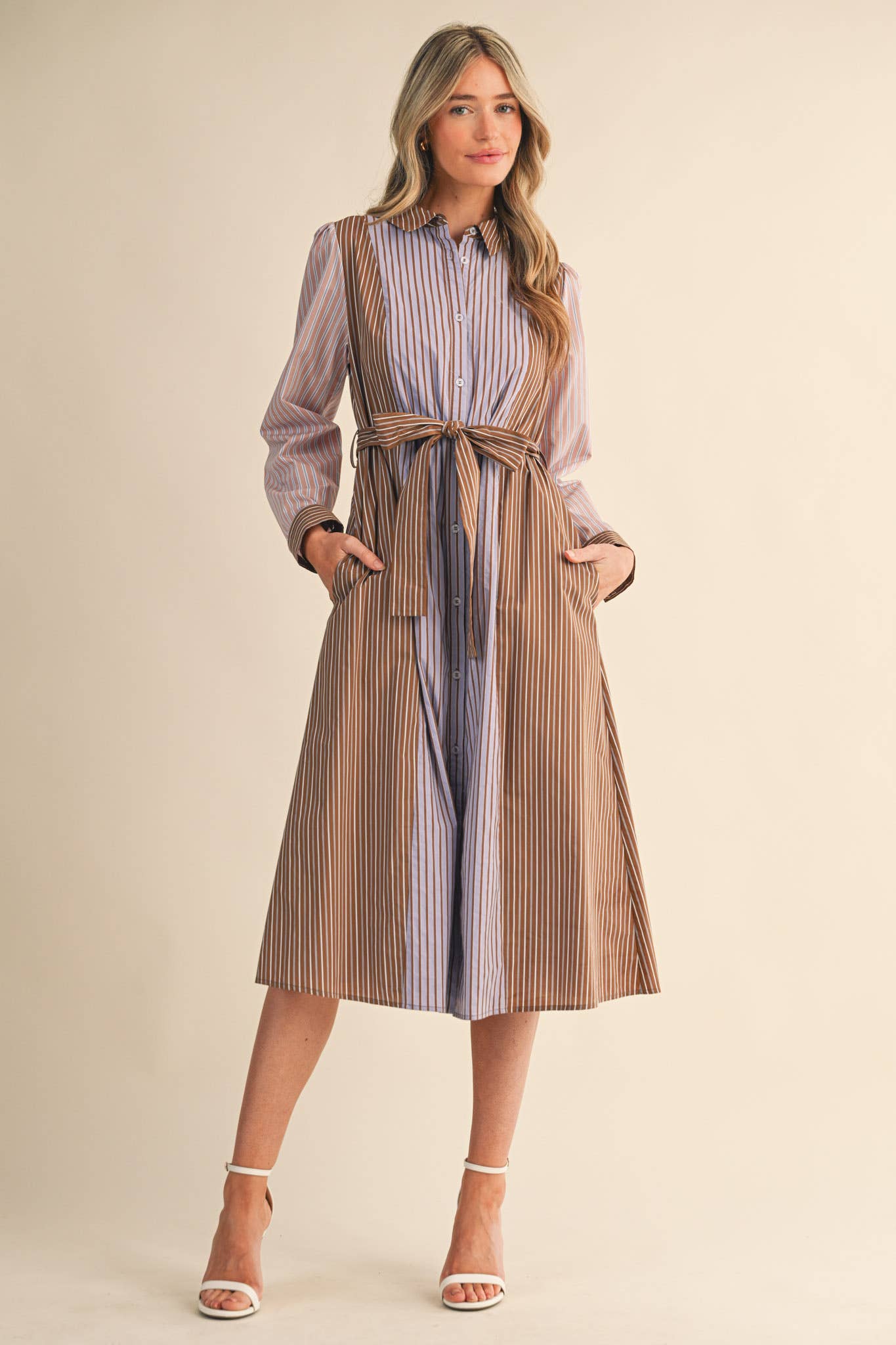 COCOA BLUE MULTI MIXED STRIPE BELTED BUTTON DOWN MIDI DRESS MDR4303 for wholesale on Faire4