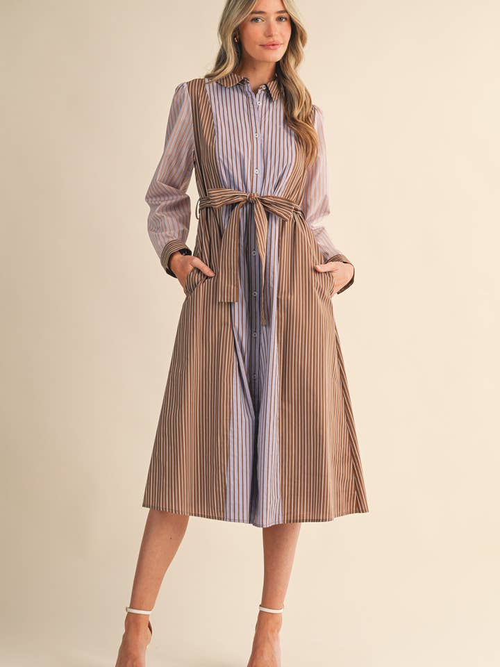 COCOA BLUE MULTI MIXED STRIPE BELTED BUTTON DOWN MIDI DRESS MDR4303 for wholesale on Faire4