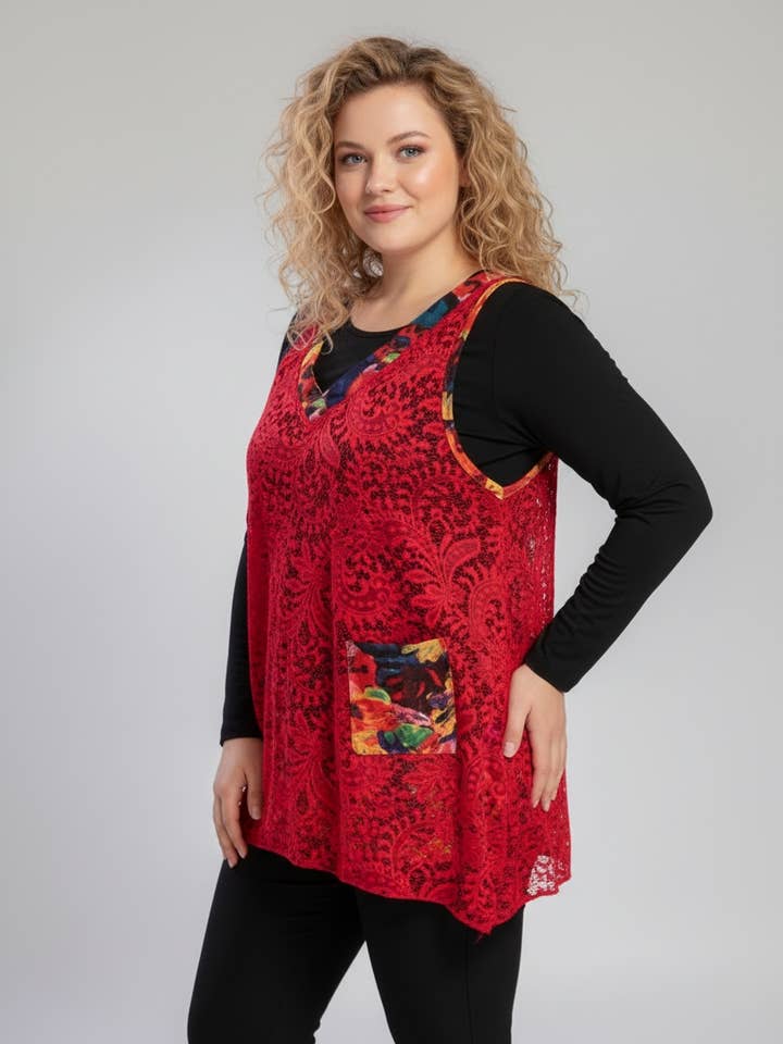 Set aus Rollkragenpullover + rotes Spitzenoberteil in großer Größe (A622) für den Großhandel von Pomme Rouge Paris