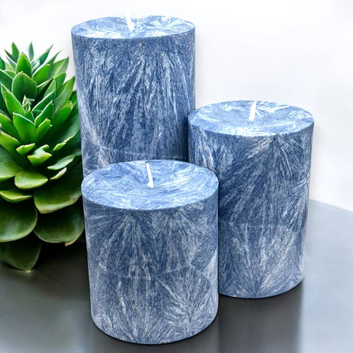 Unscented Palm Wax Pillar Candle, Textured, "Navy Blue" for wholesale by KNorris & Co.