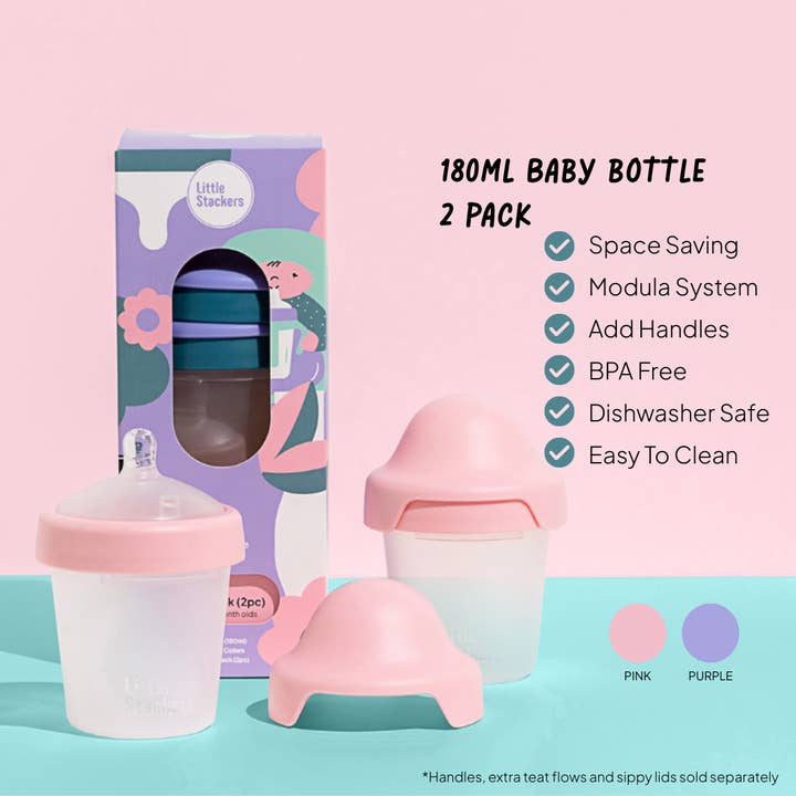Little Stackers - Wholesale Baby bottle - 180ml Baby Bottle Two Pack Pink/Purple1
