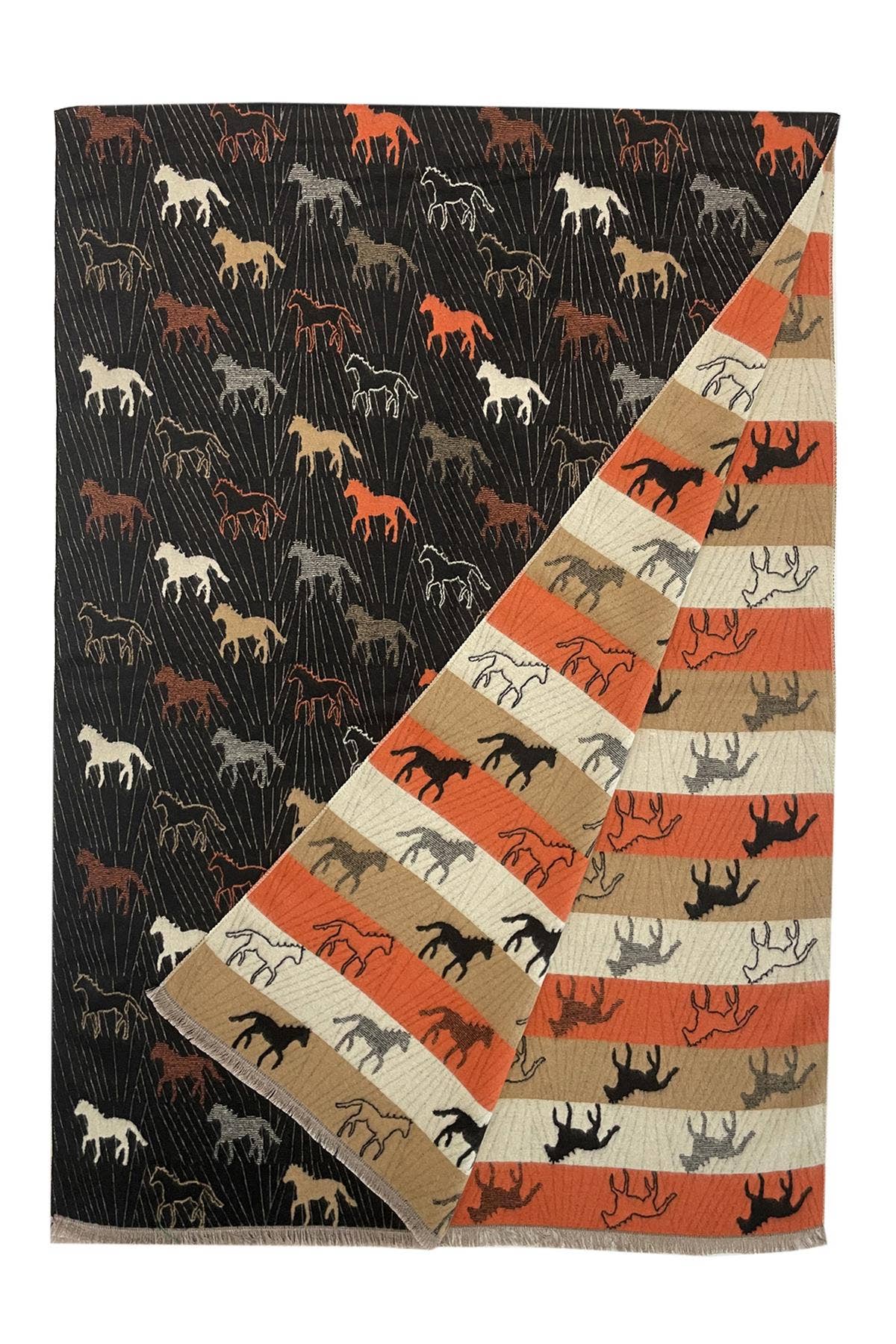 Fashion Scarf World - Wholesale Scarf - Women's - Horse Print With Reversible Stripe Frayed Scarf3