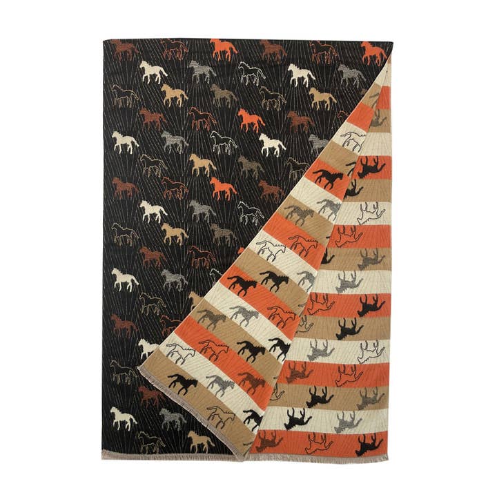 Fashion Scarf World - Wholesale Scarf - Women's - Horse Print With Reversible Stripe Frayed Scarf3