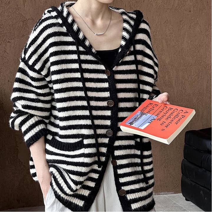 Color Block Striped Hooded Knit Sweatshirt for wholesale by Ekartini