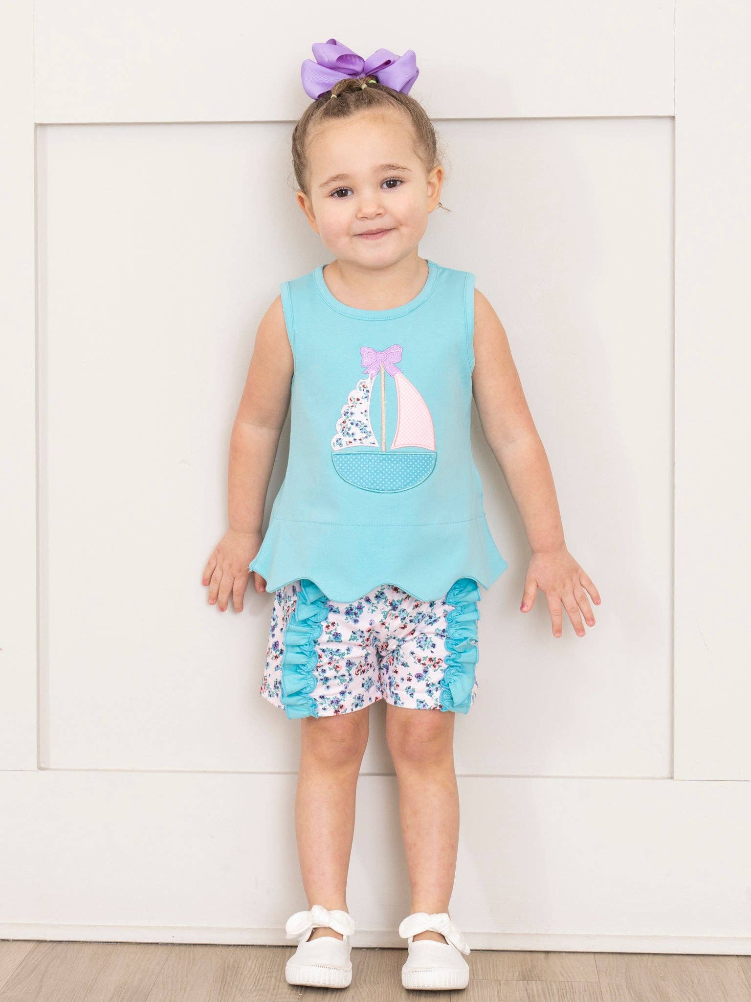 Marie Nicole Clothing - Wholesale Top & Short Set - Kids - Embroidered Sail Boats Floral Ruffle Outfit2