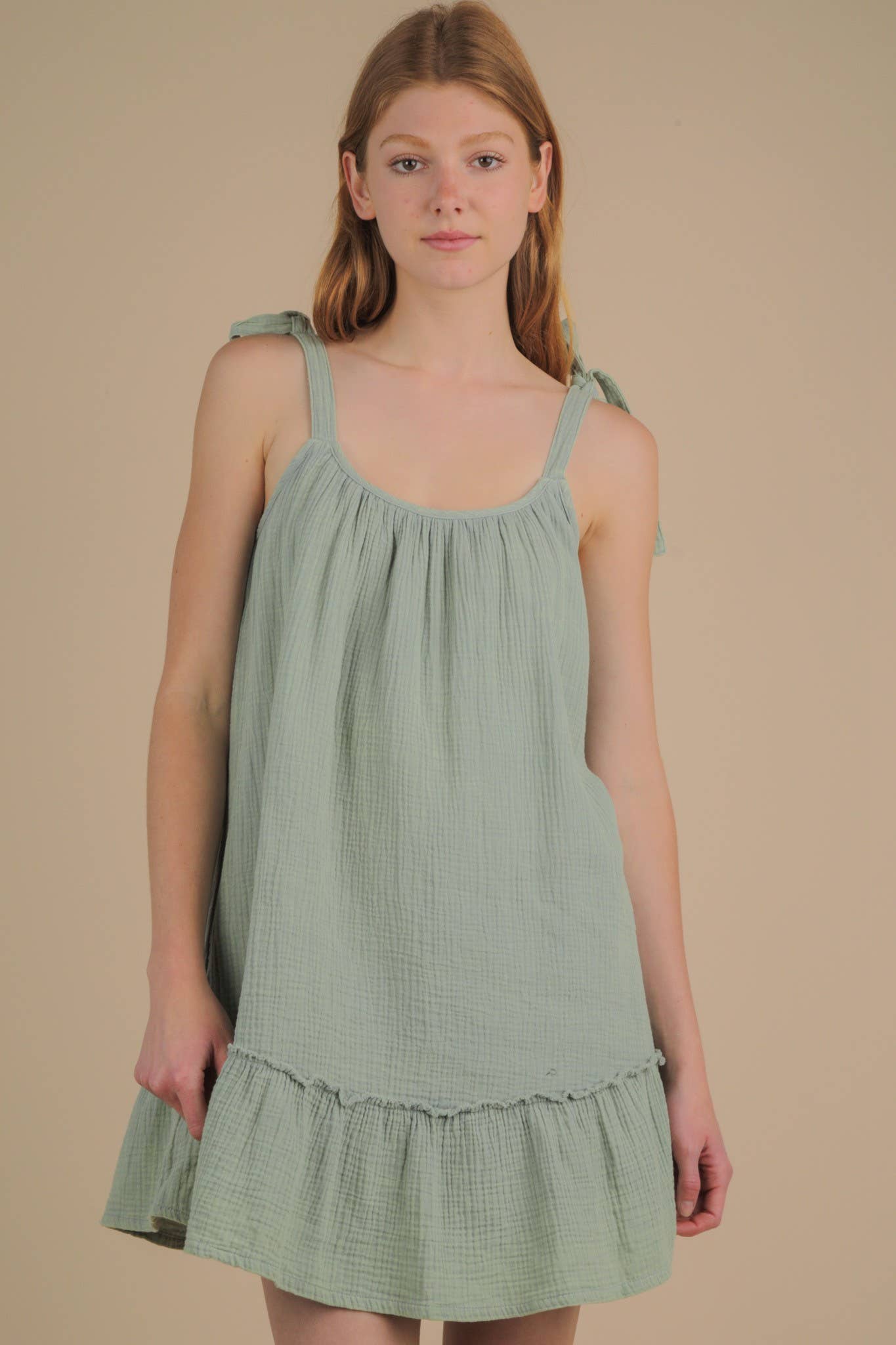 VERY J - Wholesale Dress - Women's - ND31743-Mineral Washed Shoulder Tie Mini Dress5