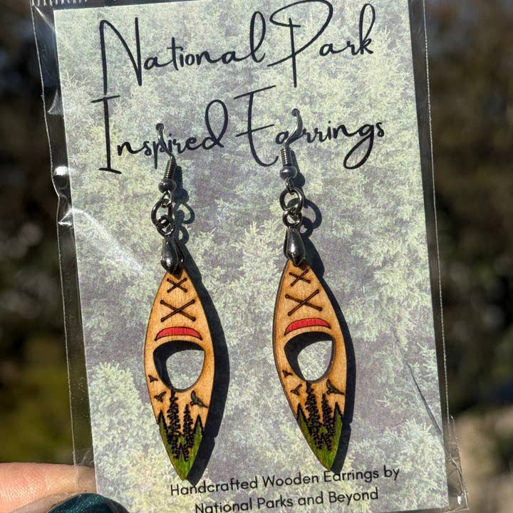 Painted Kayak Dangle Wooden Earrings for wholesale by National Parks and Beyond