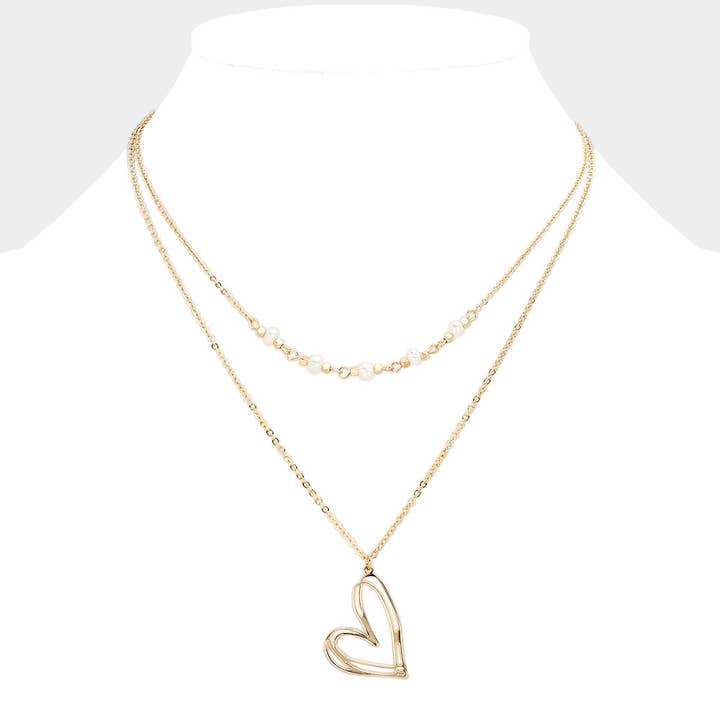 Pearl Pointed Metal Heart Pendant Double Layered Necklace for wholesale by Sensibling Corp.