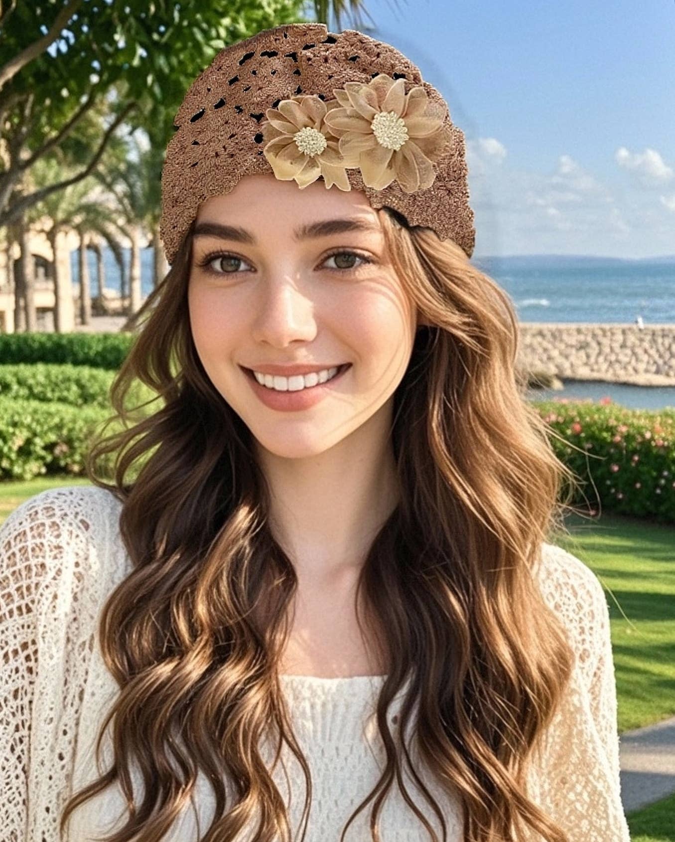 JC Sunny Fashion – wholesale Mössa - Dam – JCH903350 Boho Chic Virkad Hatt med Pärlor & Chiffongblommor4