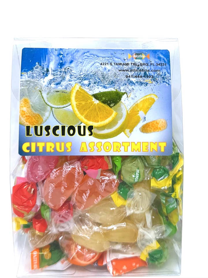 European Luscious Citrus Candy Mix 10oz Clear Tab Top Box for wholesale by Dulcefina Chocolate and Sweets