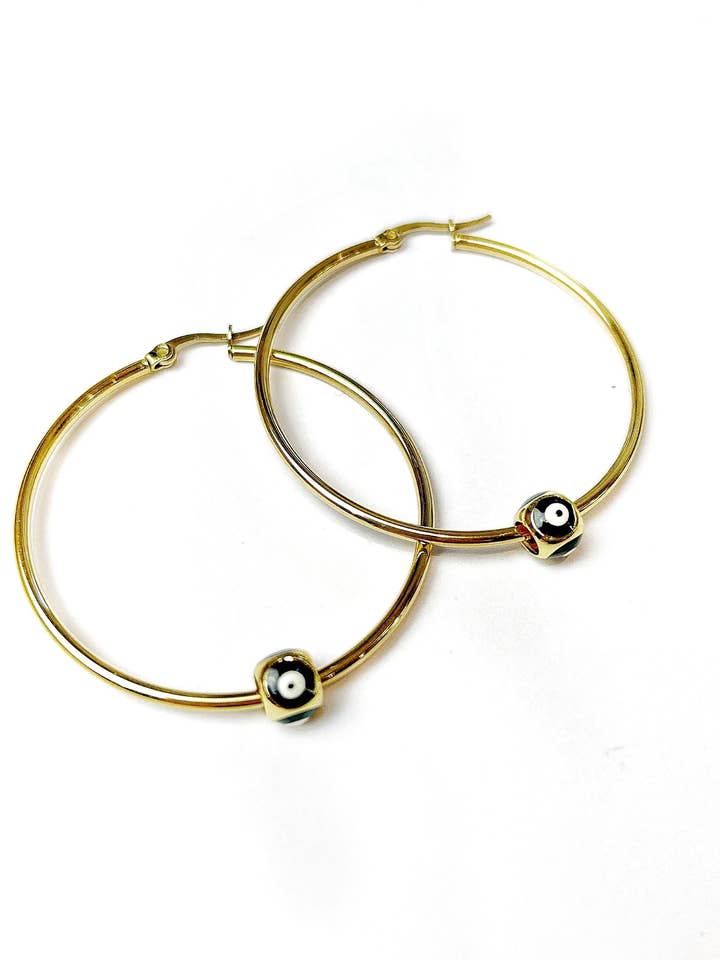 Gold Stainless Steel Evil Eye Hoop Earrings 45mm for wholesale by Black Lamb Design