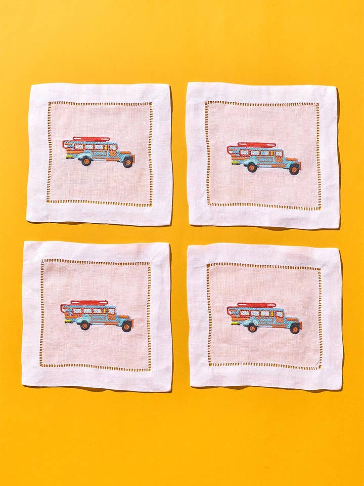 Jeepney Embroidered Linen Coaster/Cocktail Napkin, Set of 4 for wholesale by Kasama