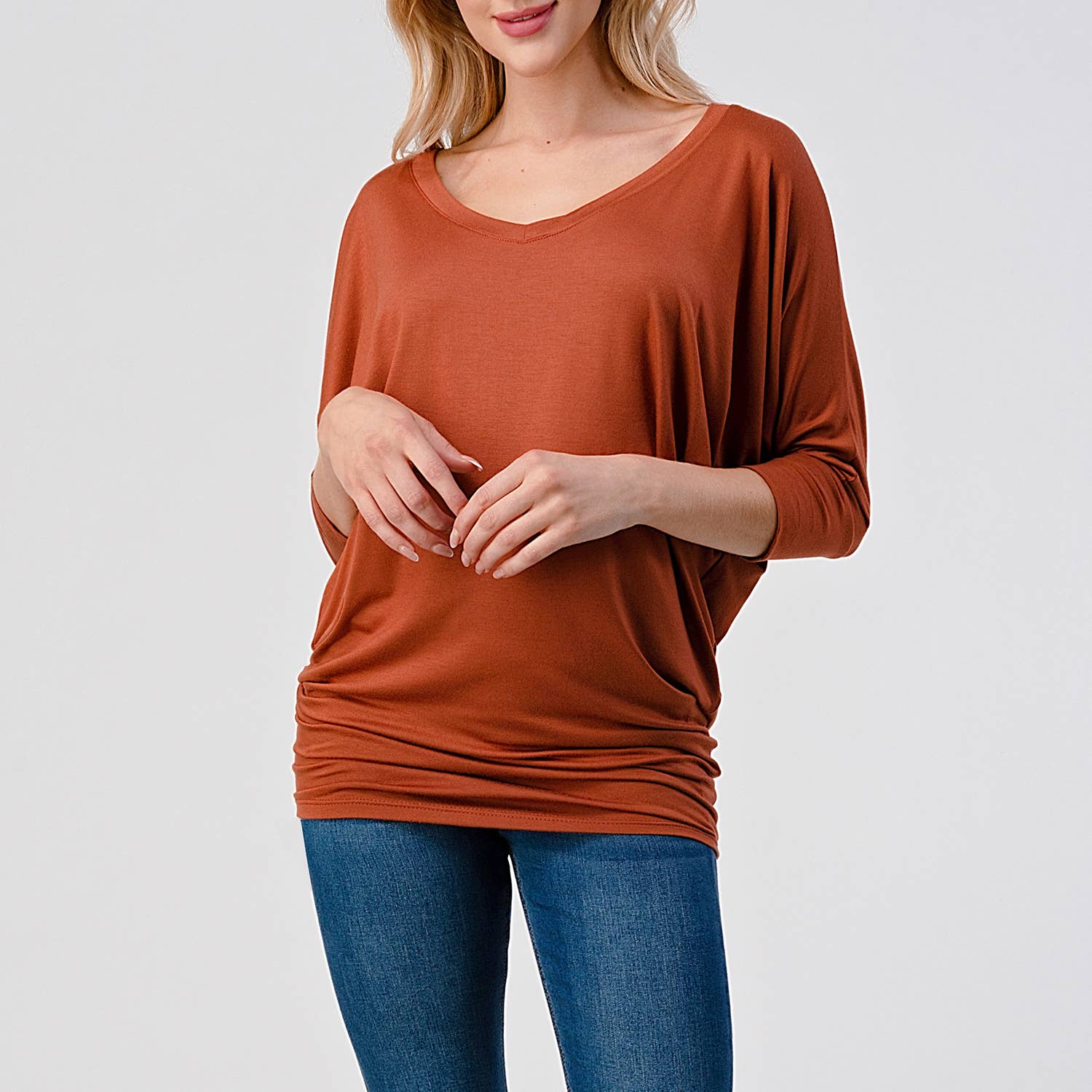Heimious - Wholesale Knit Top - Women's - 3/4 Dolman Sleeve V-neck Modal Jersey Top, 257363