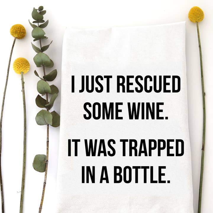 RESCUED WINE - TEA TOWEL for wholesale by Wildwood Landing