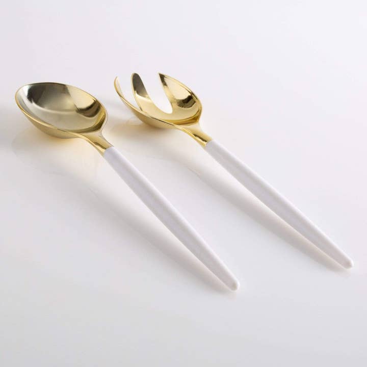 Luxe Party - Wholesale Serving Utensil - White / Gold Plastic Serving Fork • Spoon Set1