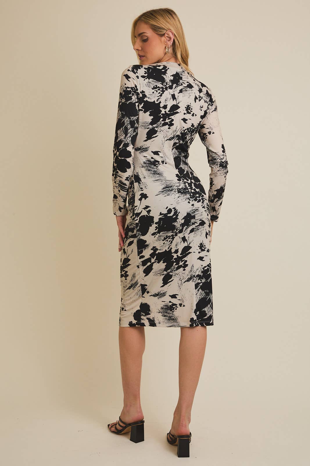 TAUPE BLACK FLORAL MOCK NECK LONG SLEEVE FLORLA PRINT MIDI DRESS for wholesale on Faire3
