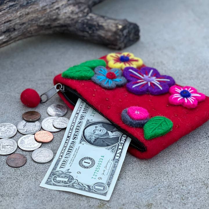 Lungta Imports - Wholesale Coin Purse - Women's - Felted Floral Coin Purse, Kids Pouch, Makeup Pouch1