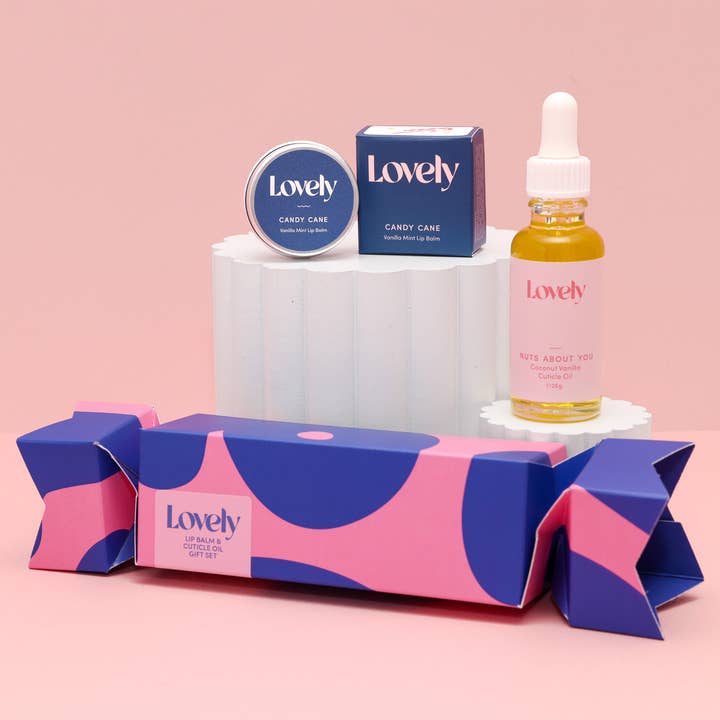 Christmas Cracker Lip Balm & Cuticle Oil Gift Set for wholesale by Lovely Skincare