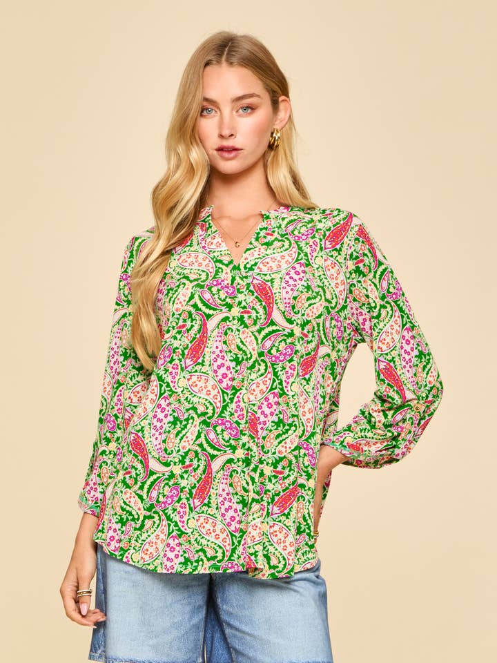 Paisley Print Mandarin Collar 3/4 Sleeve Blouse for wholesale by Dear Scarlett