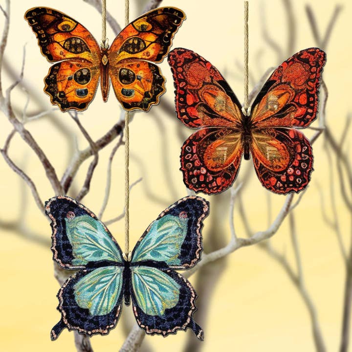 Designocracy - Wholesale Ornament Set - Summer Butterfly Ornaments | Set of 3 | Handcrafted Eco Wood1