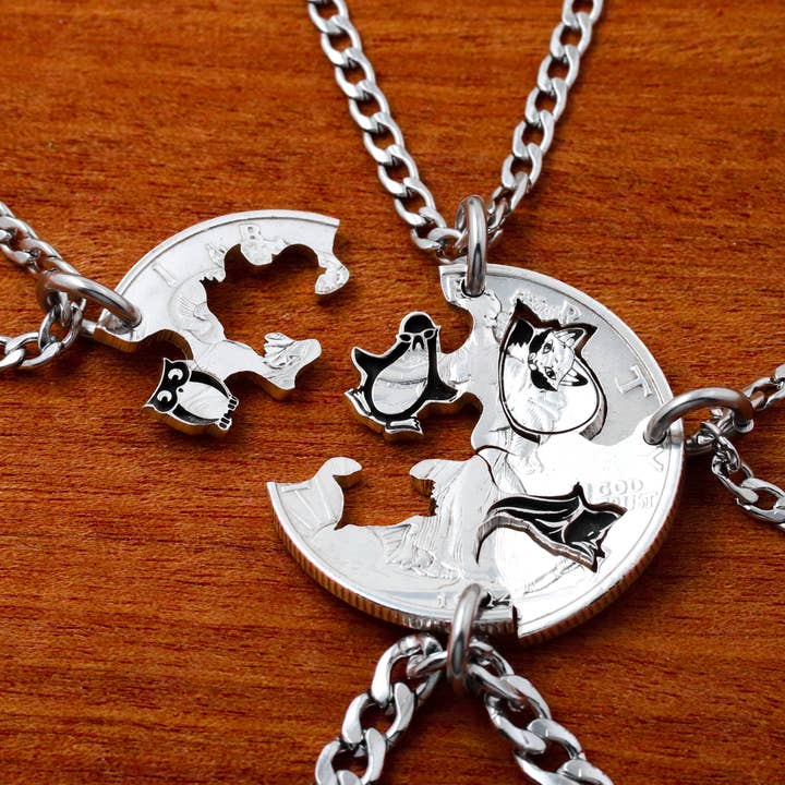 4 Best Friends Animal Necklaces, Owl, Penguin, Fox, Wolf, Kids Jewelry for wholesale by NameCoins