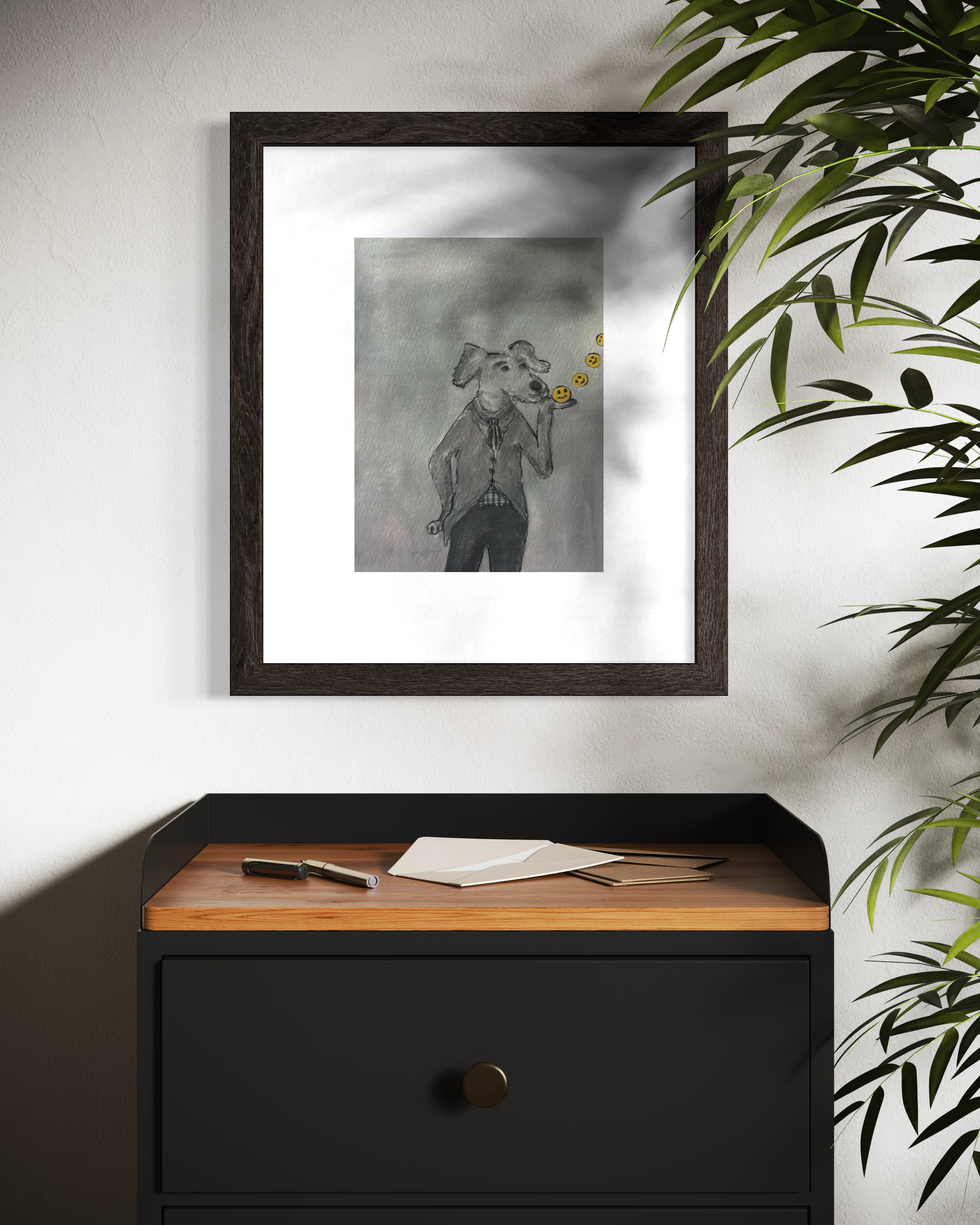 Bernie Street Studios - Wholesale Art Print - Blowing Smileys illustrated debonair dog Art Print1