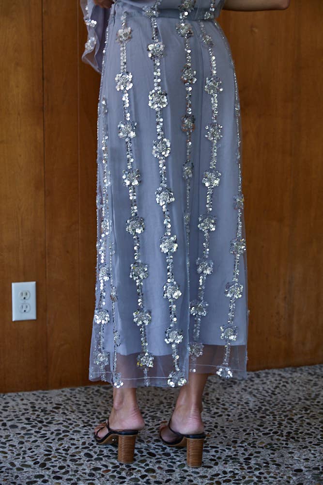 Grey L9177B | Woven Polyester Mesh Sequin Midi Skirt for wholesale on Faire2