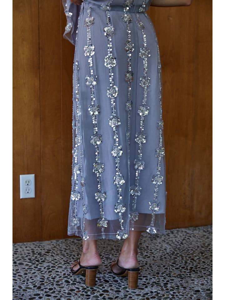 Grey L9177B | Woven Polyester Mesh Sequin Midi Skirt for wholesale on Faire2