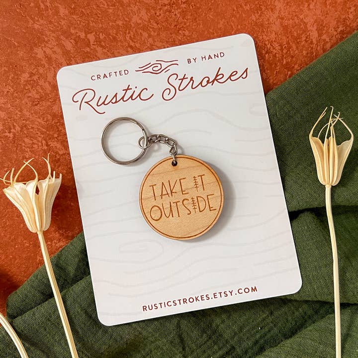 Take It Outside Outdoors Themed Engraved Wood Keychain for wholesale by RusticStrokes