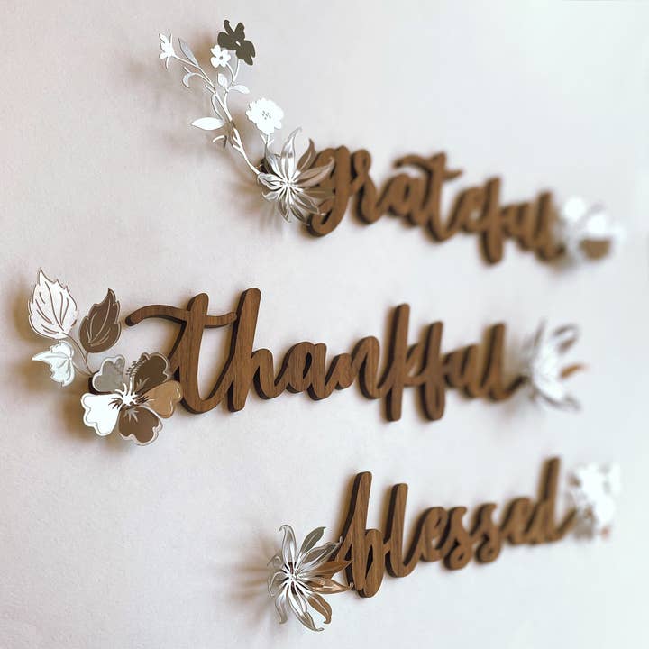 Inspired Indigo - Wholesale Wall Accent - "Grateful Thankful Blessed" Wood and Metal Word Art