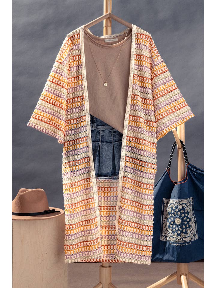 Urban Daizy - Wholesale Cardigan - Women's - Geometric Crochet Kimono Sleeve Midi Cardigan