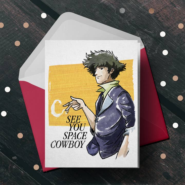 "Wir sehen uns" Space Cowboy Karte - Anime-Liebhaber Nerd Geburtstagskarte für den Großhandel von Aaron Millard Illustration