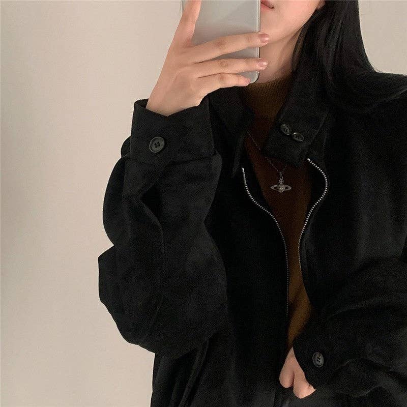 FurDecoration – Großhandel Jacke – Damen – Vintage-Pulloverjacke aus Wildleder mit zwei Reißverschlüssen in Uni-Farbe1