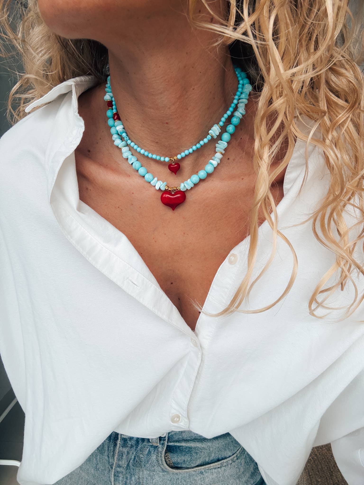 Goupi - Wholesale Kralen/parelketting - Hoeliet turquoise kralen ketting met rood hart, set van twee9