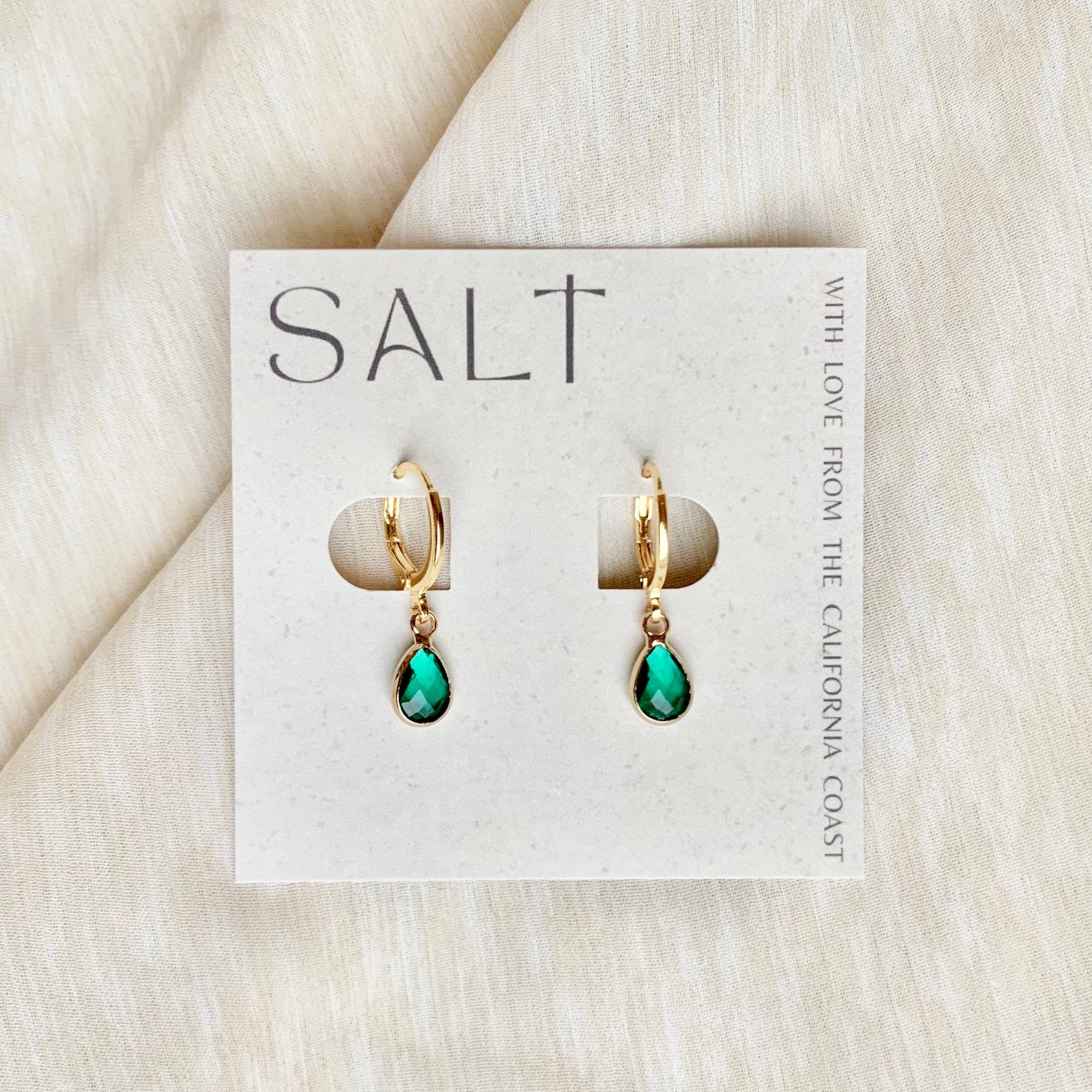 SALT by Sarah Curtis - Wholesale Huggie Earrings - TEAL EMERALD GEM HOOPS | gold | faceted gem earrings