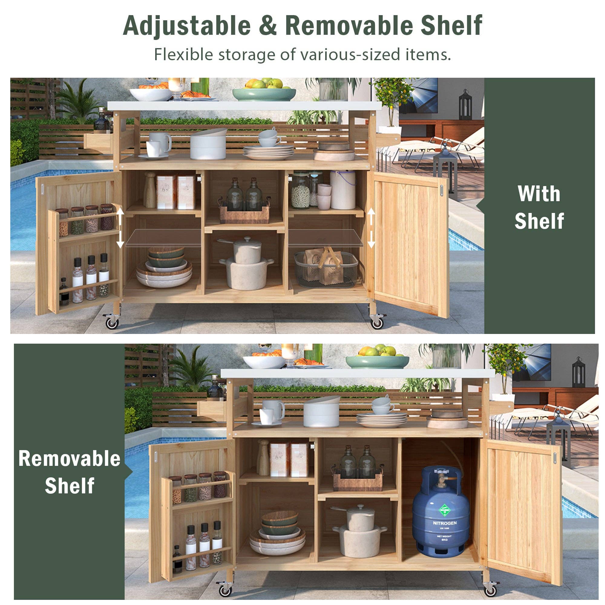 Orange County Decor - Wholesale Outdoor Grill Tools - K&K Outdoor Kitchen Island, Rolling Bar Cart & Storage Cabinet, Farmhouse Solid Wood Outdoor Grill Table With Stainless Steel Top, Spice Racktowel Rack For Kitchen & Bbqnatural Natural Garden &4