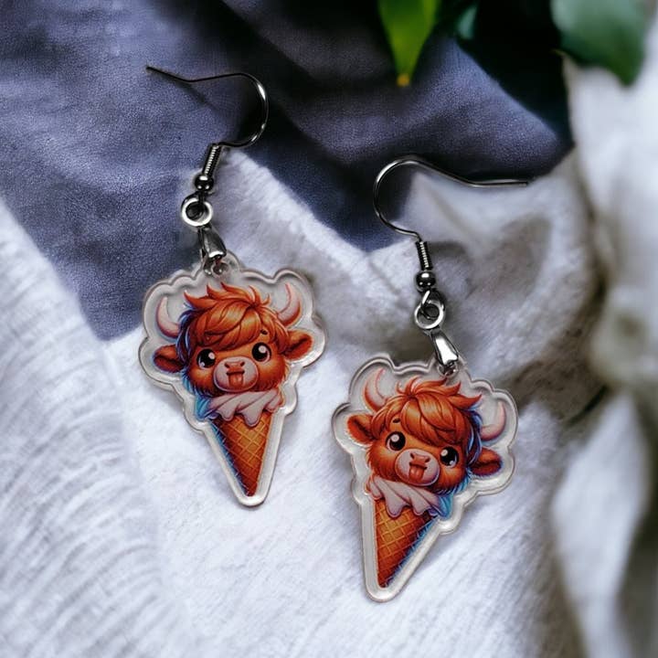 Highland Cow Ice Cream Cone Acrylic Earrings for wholesale by Morgan's Corner