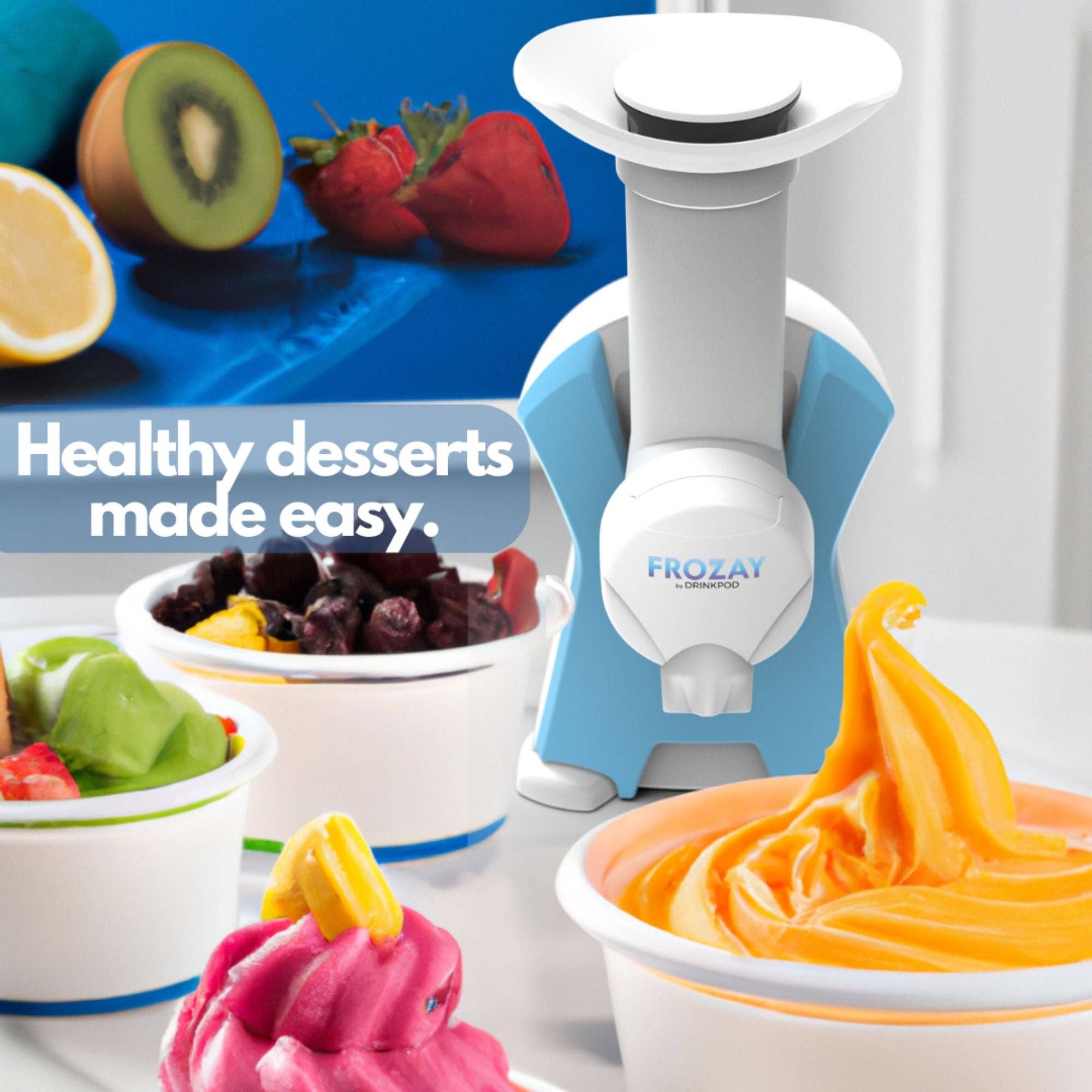 DRINKPOD LLC - Wholesale Kitchen Appliance - Frozay Dessert Maker 2.8 qt. Color Blue, Vegan Ice Cream & Frozen Yogurt Maker Soft Serve Desserts With Recipes (Black/Blue)5