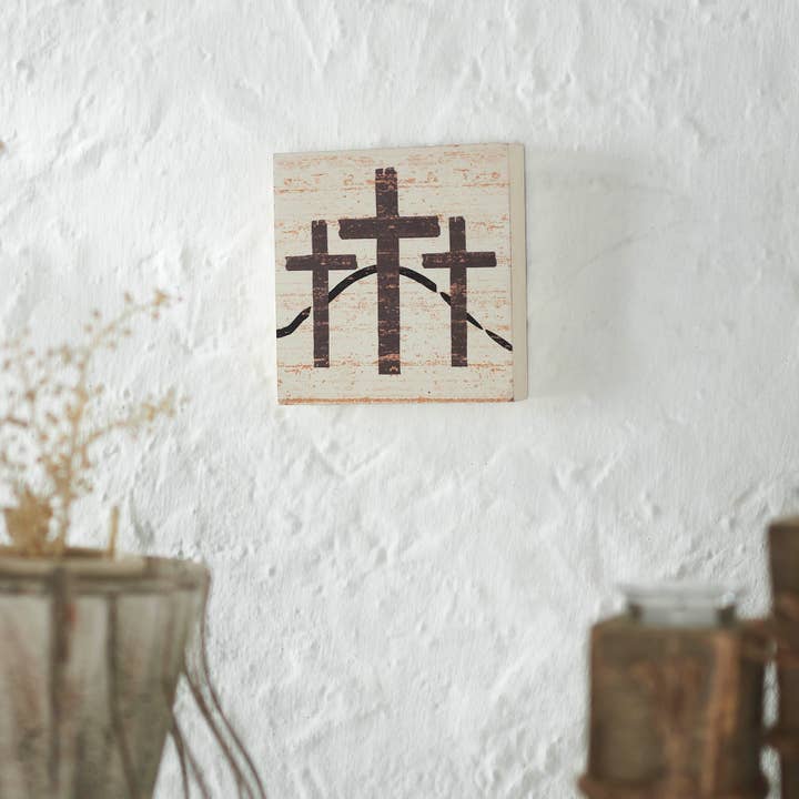 VHC Brands - Wholesale Sign - Celebrate Grace 3 Crosses Distressed Antique White MDF Block Sign 6x6x1